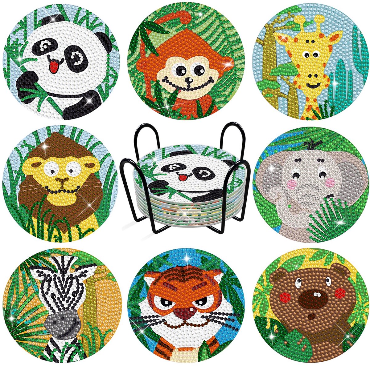 Valdivia Diamond Painting Coasters, 5D creatieve Diamond Art Painting Set voor volwassenen en kinderen, Kristallen strass-steentjes schilderij knutselwerkjes, 8-delige DIY Diamond Painting Sets Coasters met houder (bosdieren)