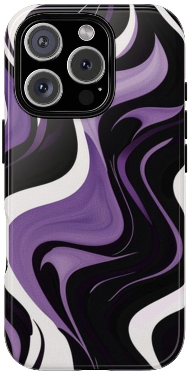 Zwart-Wit-Paarse Golvende Abstracte Print – Telefoonhoesje Geschikt voor iPhone 16 Pro