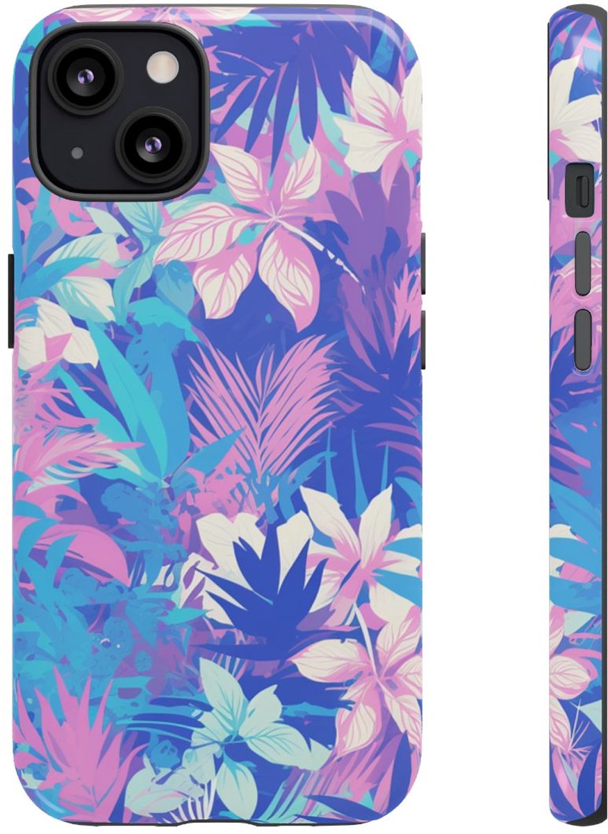 Tropisch Bloemenpatroon in Paars en Cyaan – Telefoonhoesje Geschikt voor iPhone 13