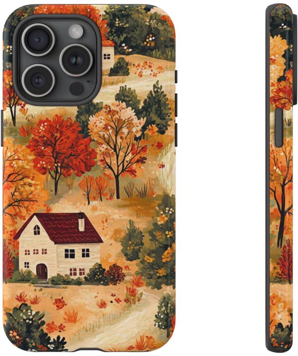 Herfstlandschap met Huizen – Telefoonhoesje Geschikt voor iPhone 15 Pro Max
