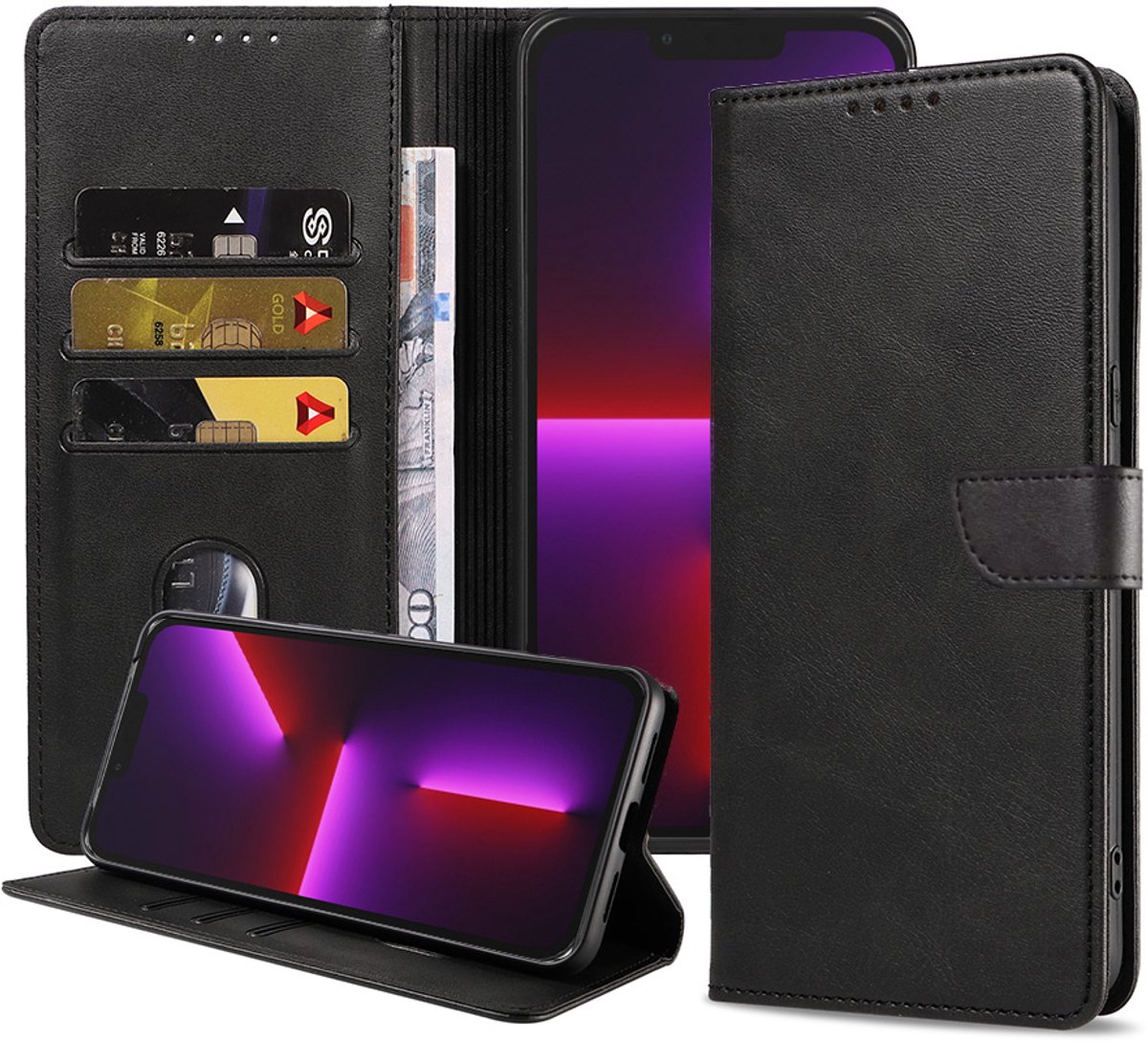 Geschikt voor iPhone 13 Pro Telefoonhoesje Kunstleer met Magnetisch lipje en Pasjeshouder Book Case met Klepje - Zwart - Smartphonica geschikt voor iPhone 13 Pro