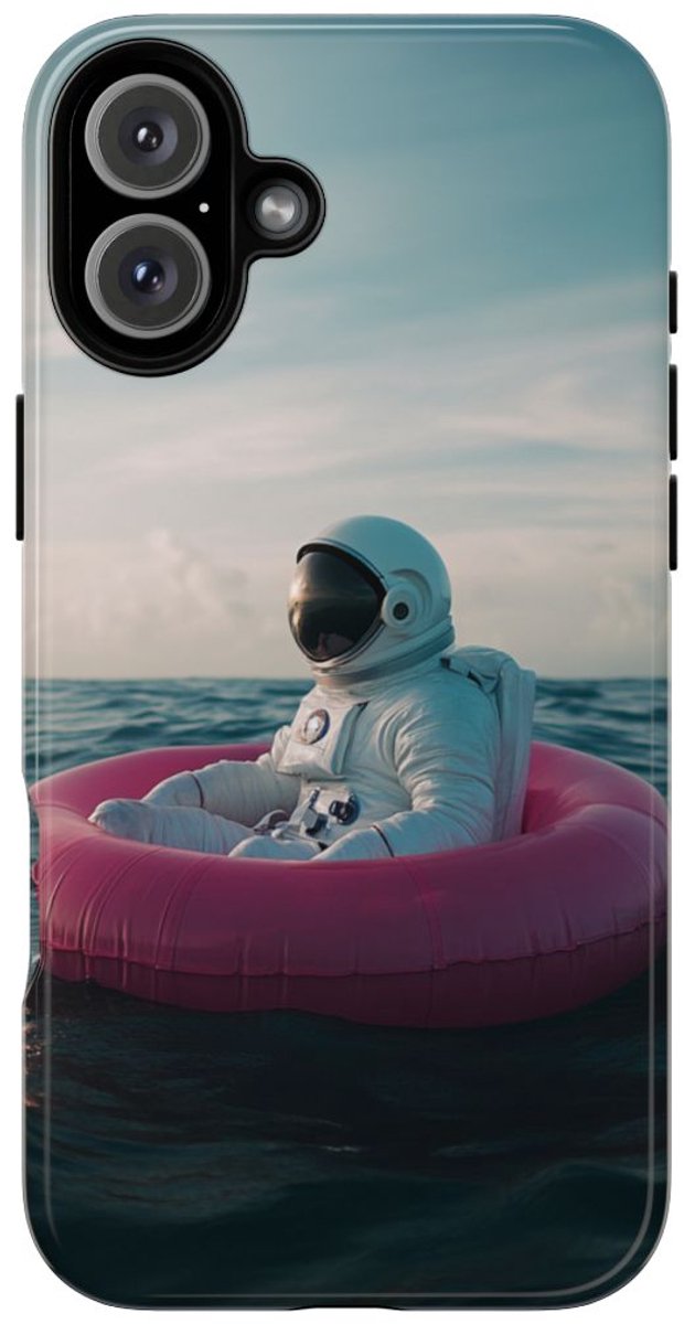 Astronaut op Roze Zwemband – Telefoonhoesje Geschikt voor iPhone 16 Plus