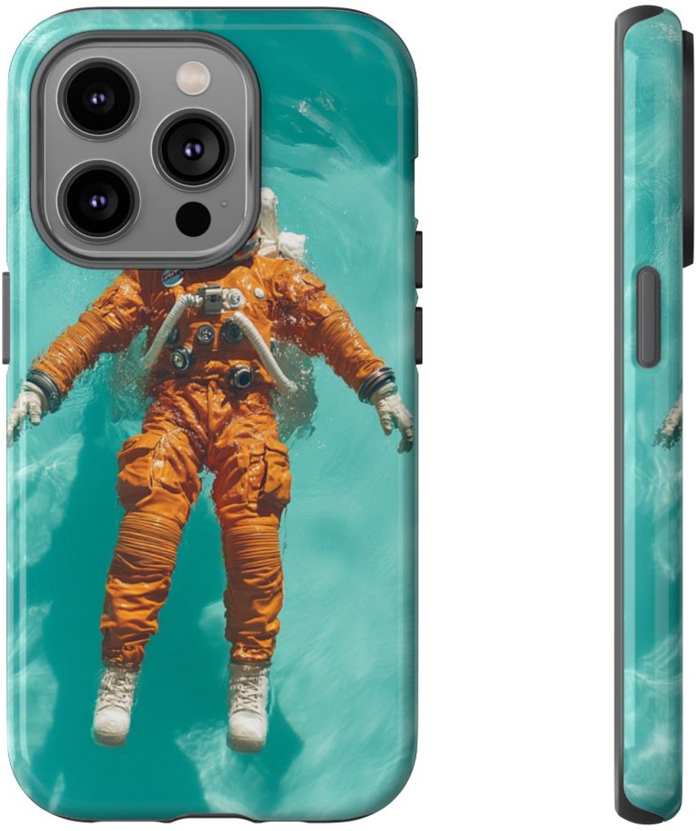 Astronaut in Oranje Pak Zwevend op Water – Telefoonhoesje Geschikt voor iPhone 14 Pro