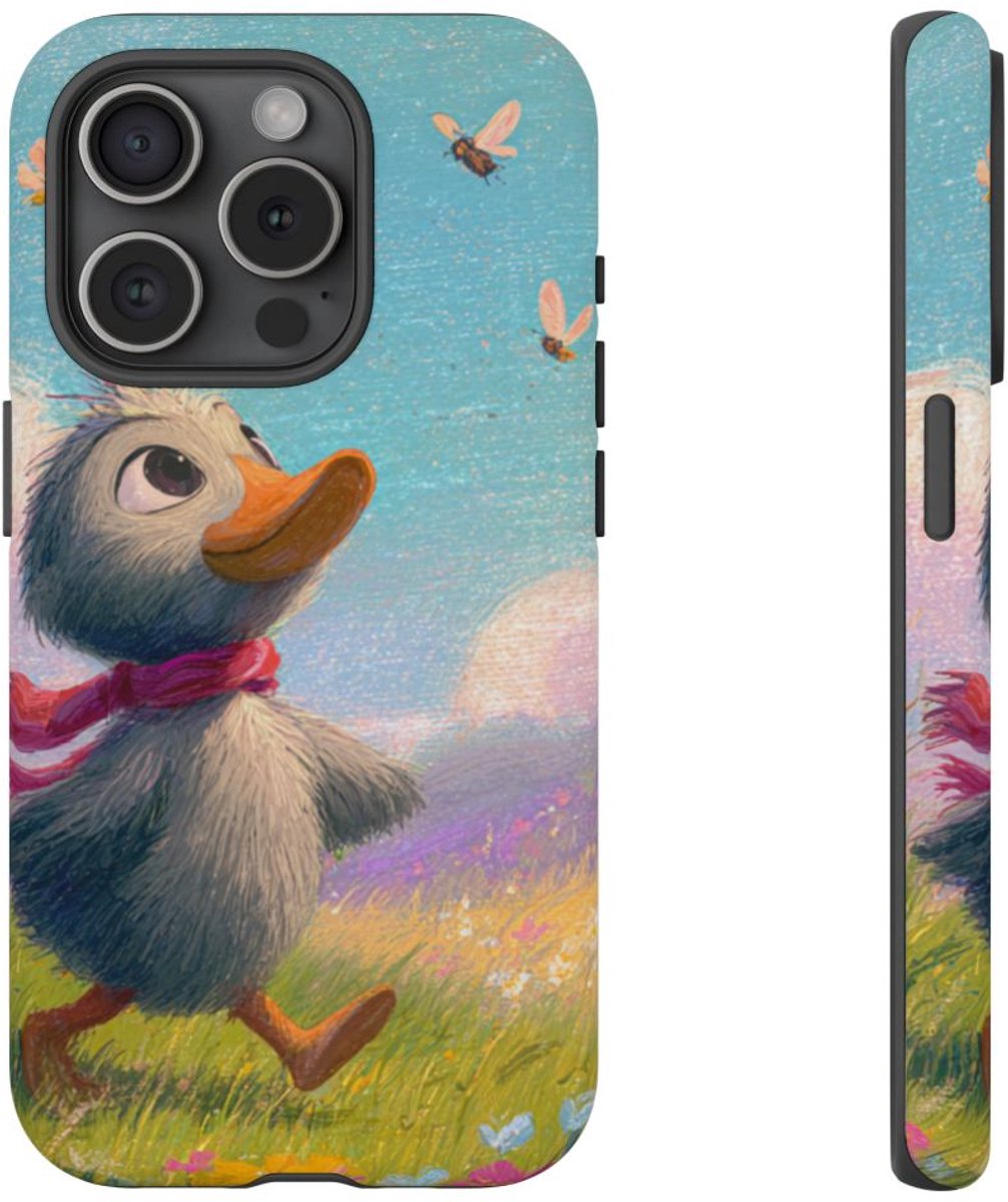 Vrolijk Eendje in Lenteweide – Telefoonhoesje Geschikt voor iPhone 15 Pro