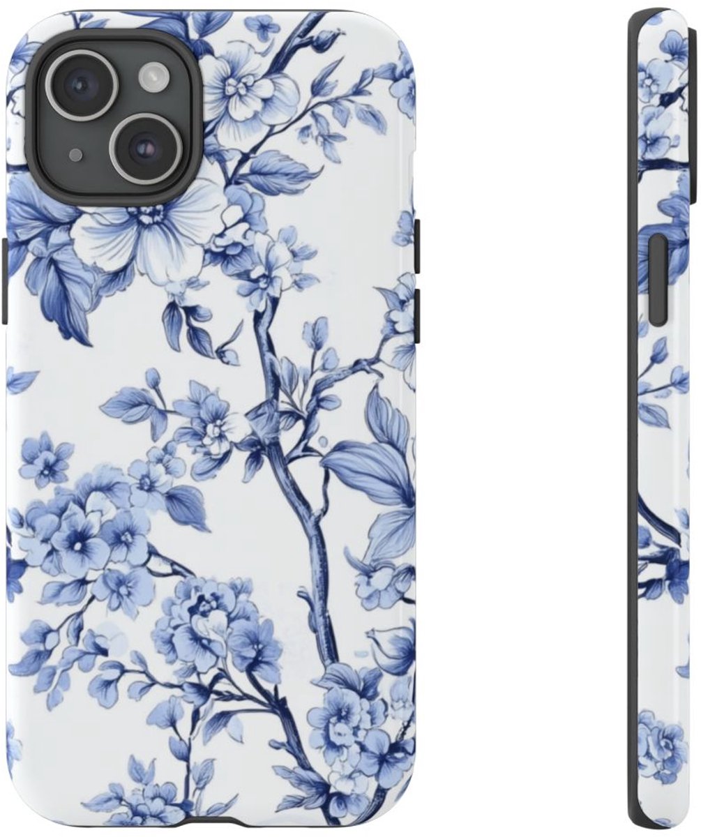 Blauw Vintage Bloemenpatroon – Telefoonhoesje Geschikt voor iPhone 15 Plus