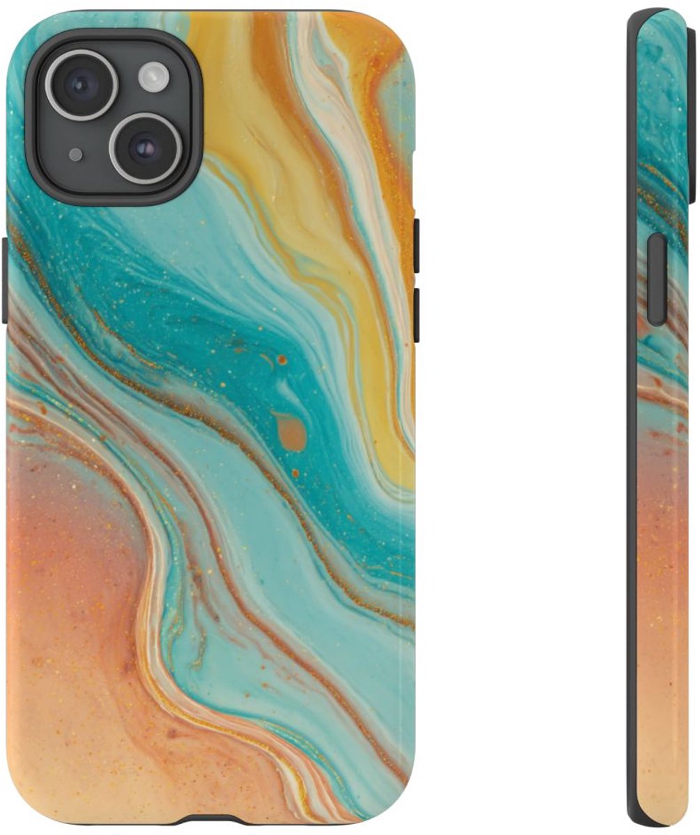 Oranje en Teal Marmer Abstract – Telefoonhoesje Geschikt voor iPhone 15 Plus