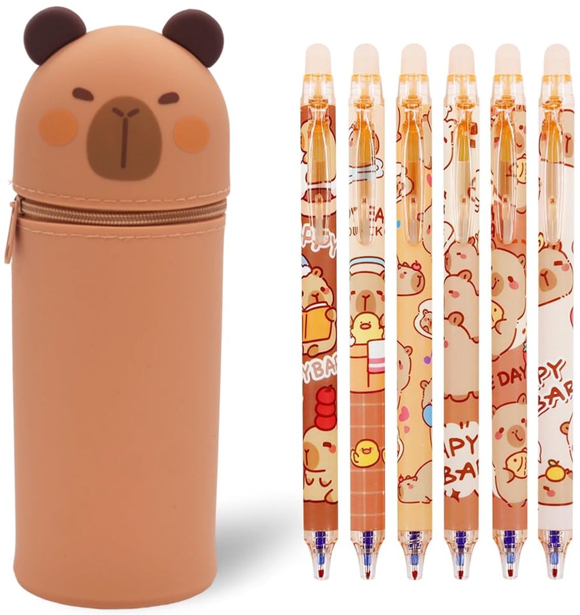 2-in-1 Siliconen Etui & Pennenset - Kawaii Rechtopstaand met 6 Uitwisbare Pennen - Capybara