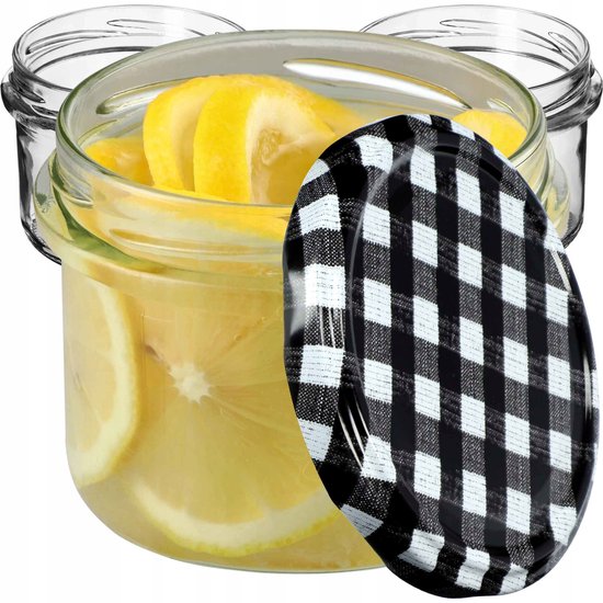 KADAX Kleine Inmaakpotten, 235 ml, Diameter 82, Voor Honing en Specerijen, Jampotten Met Deksel, Luchtdicht, Cadeauverpakking (Zwart Geruit, 10 Stuks)