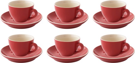Zes rode cappuccinokopjes met schotels, elk met een witte binnenkant.