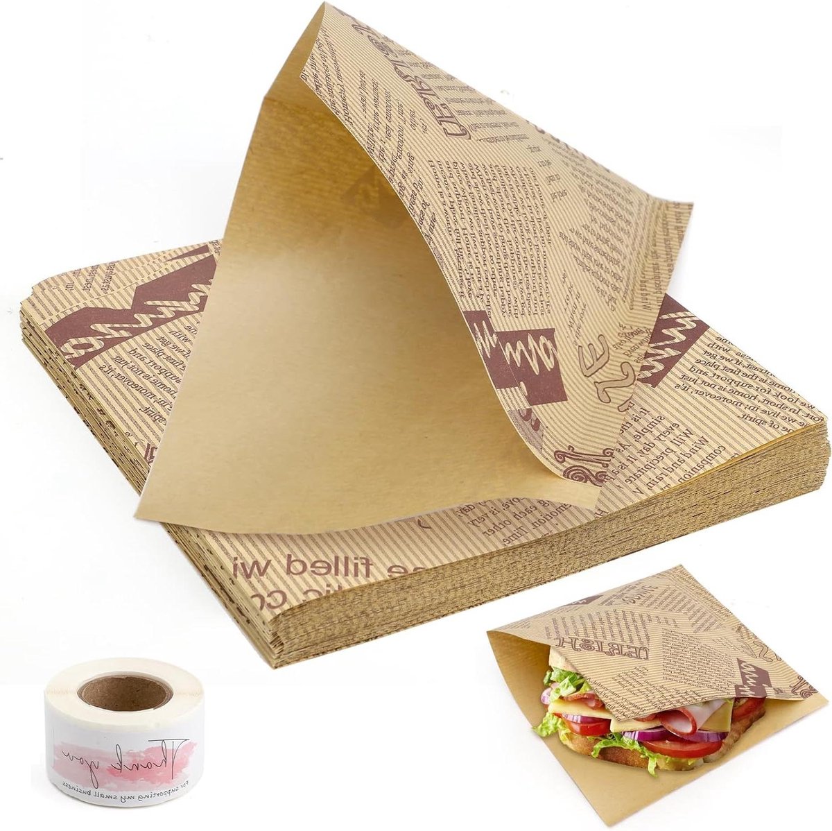 100 stuks hamburgerpapier 15 x 15 cm - hamburgerzakjes wraps zakjes - snackzakken sandwichzakken - frietzakjes papier hotdog-papieren - doosjes vetdichte voedselzakken - aan beide zijden - ideaal voor hamburgers, snacks en hotdogs