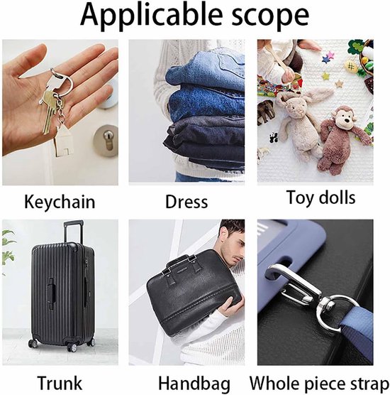 Illustraties van toepassingen voor karabijnhaakjes: sleutelhanger, kleding, speelgoed, koffer, handtas en band.