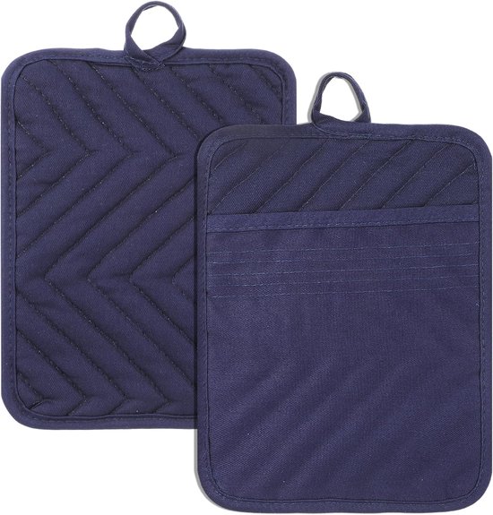 Maniques avec poche 2 pièces en coton résistant à la chaleur 17 x 22 cm Dessous de verre Grands dessous de plat Gants de cuisine carrés pour la cuisine et la pâtisserie (Bleu) - Modification : omettez le nom de la marque dans le titre.