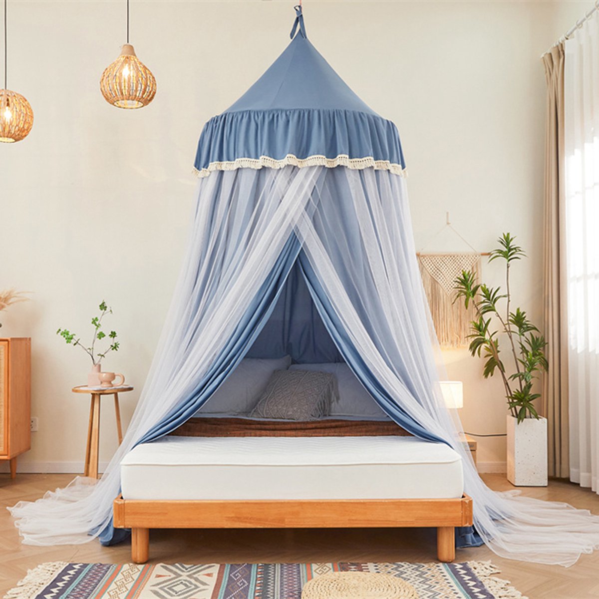 Qelus Dubbele Laag Muggennet - Lichtblokkend Bedtent voor Twin/Full/Queen Bedden - Kinderleeshoek & Knusse Slaapruimte - Plafondgemonteerd Klamboes - Blauw