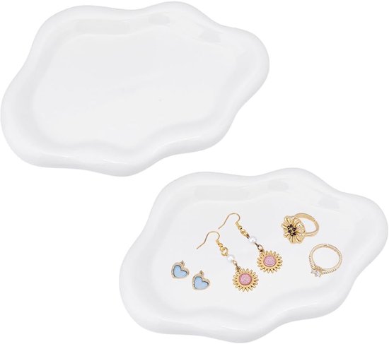 Navaris sieraden schaaltje van keramiek - 24 x 16,5 x 3 cm - In unieke vorm - Voor sieraden of sleutels - Trinket tray in wit