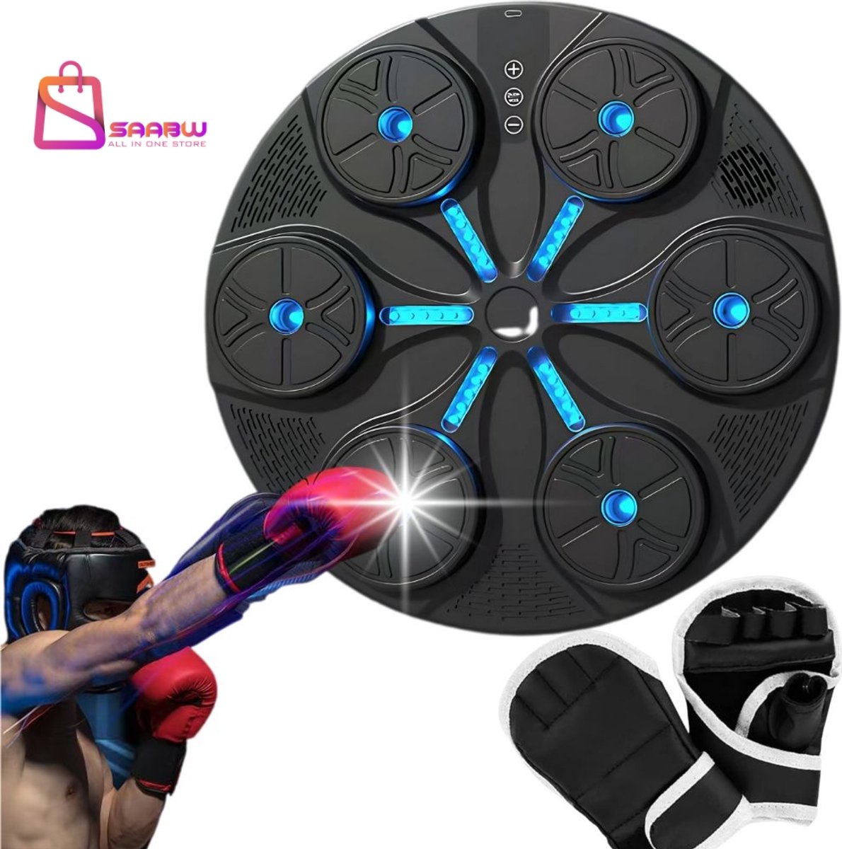 SAABW boks machine met Muziek & LED – 8 Trainingsniveaus – USB Oplaadbaar – Inclusief Bokshandschoenen – boxing machine voor volwassenen – boxing bag – boksbal – MMA, Boksen, Reflextraining – 69517