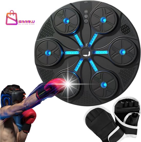 SAABW boks machine met Muziek & LED – 8 Trainingsniveaus – USB Oplaadbaar – Inclusief Bokshandschoenen – boxing machine voor volwassenen – boxing bag – boksbal – MMA, Boksen, Reflextraining – 69517