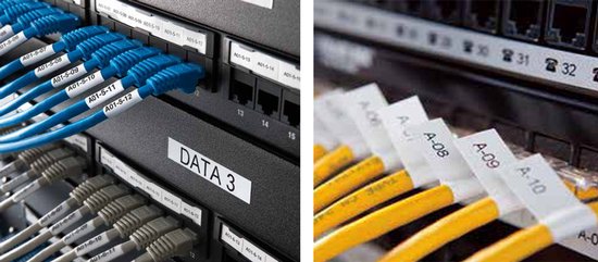 Blauwe en grijze patchkabels met witte labels, aangesloten op een patchpaneel met het label DATA 3.