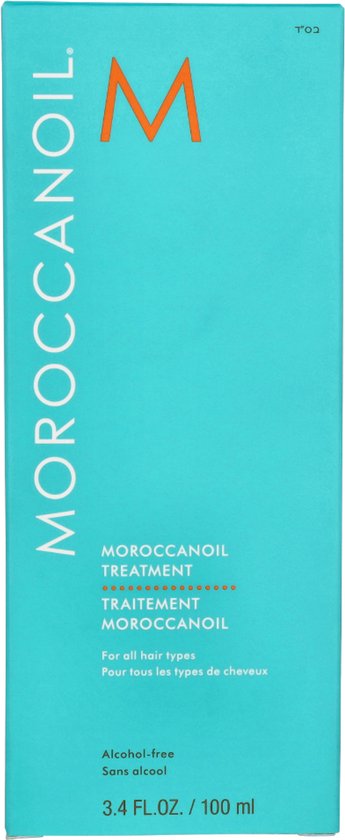 Turquoise doos met "MOROCCANOIL TREATMENT" en een oranje "M".