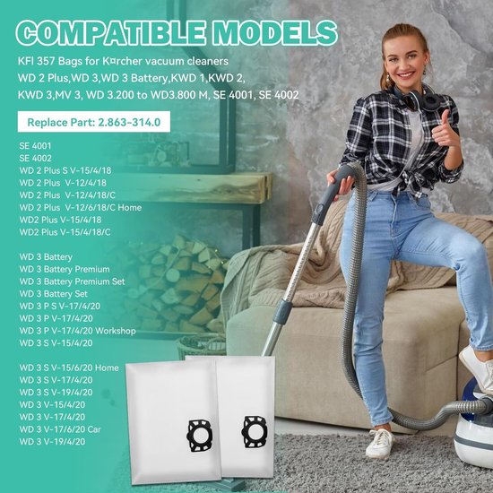 Kit De 5 Sacs à Poussière Compatibles Karcher KFI 357 – Pour WD2 Plus, WD3, SE4002 (réf. 2.863-314.0)