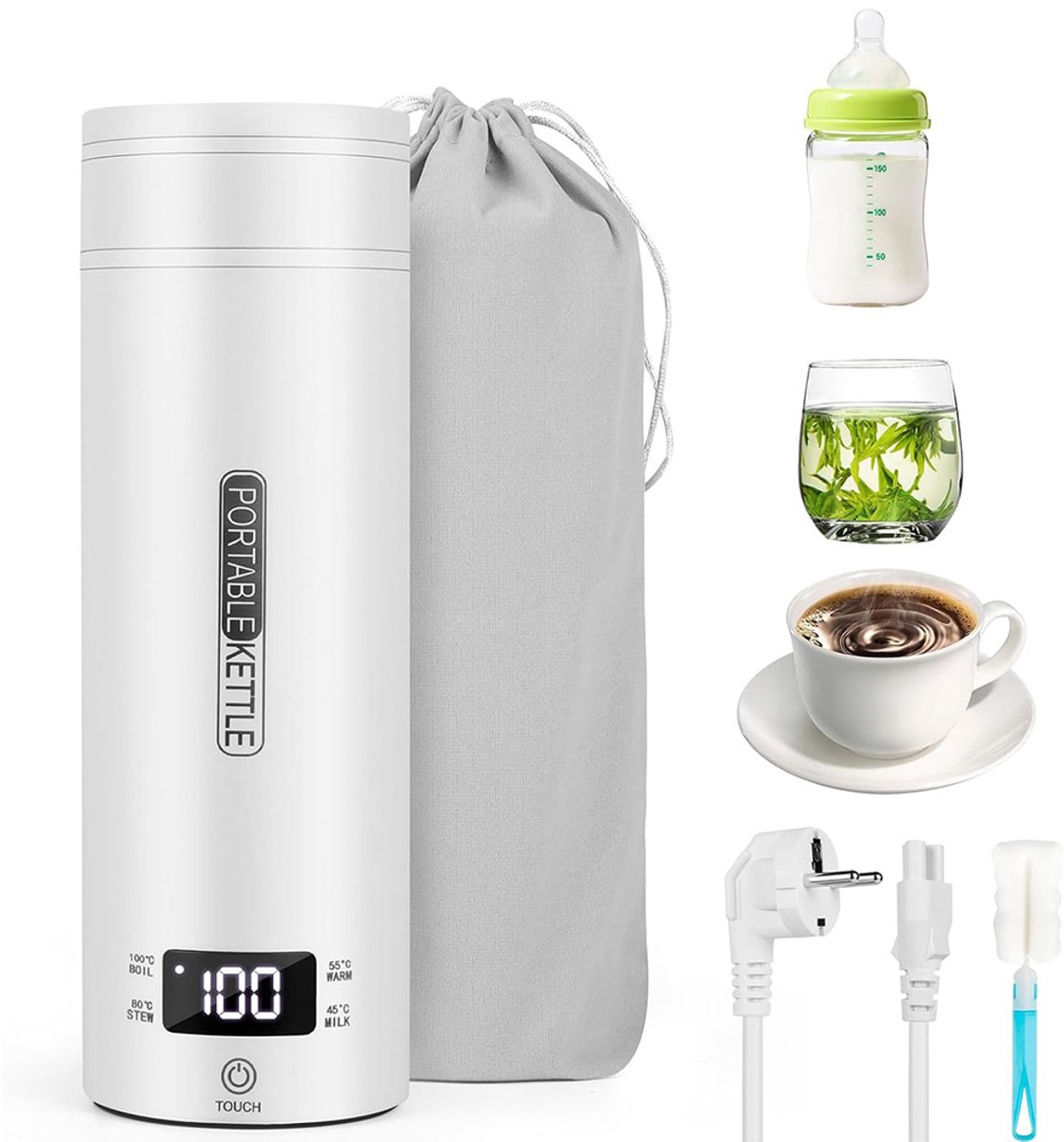 Draagbare Elektrische Waterkoker met Temperatuurregeling - Kleine Draagbare Waterkoker - 500 ML - Mini Elektrische Waterkoker - met Borstel en Opbergtas