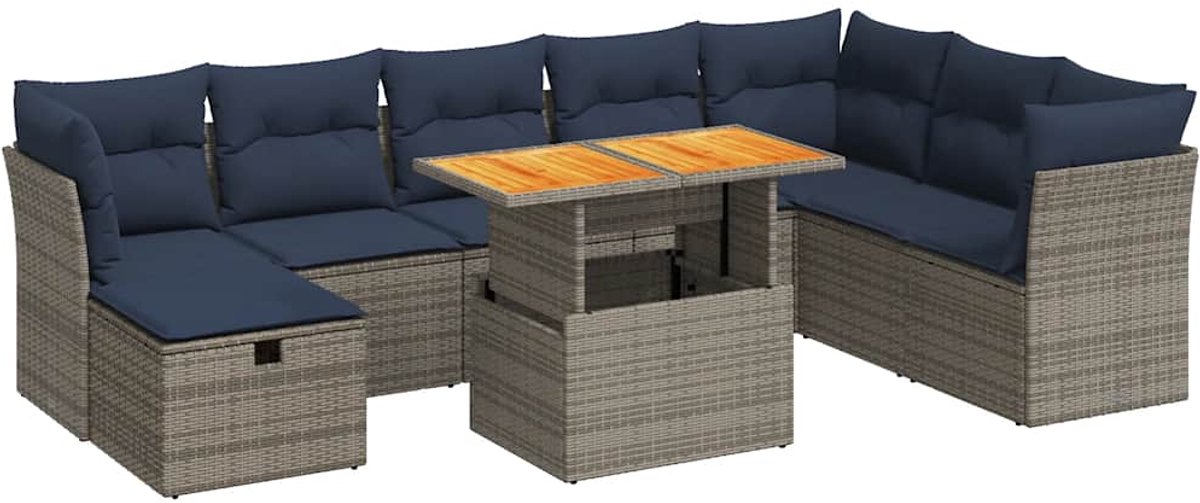 vidaXL 9-delige - Loungeset - met - kussens - poly - rattan - acacia - bruin Grijs