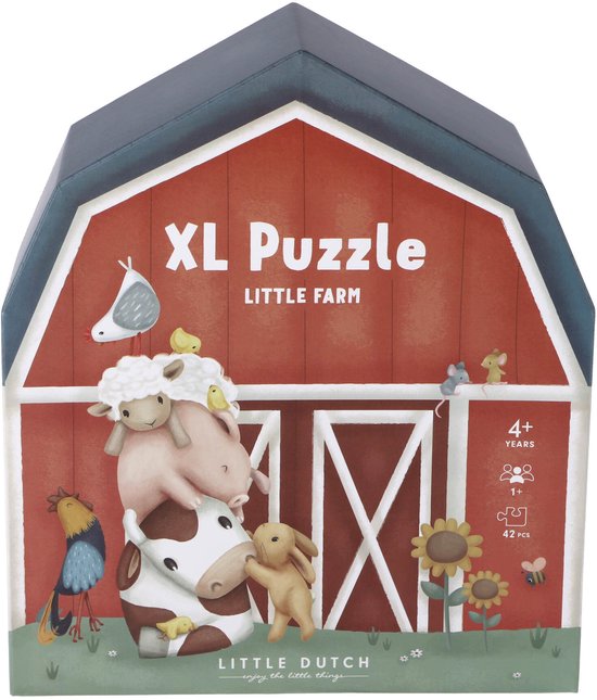 XL Puzzel Little Farm in rode schuurvorm. Met stapelboerderijdieren: koe, varken, schaap, kuikens, kip, haan, konijn en muizen.