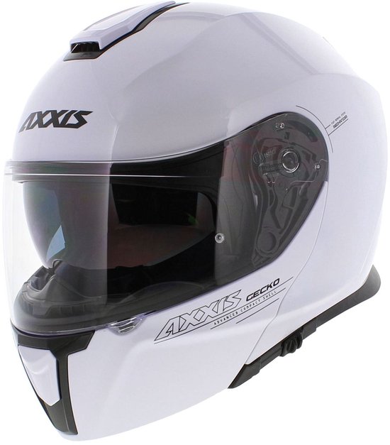 Witte systeemhelm van AXXIS met getint vizier en ventilatie, gezien vanaf de zijkant.