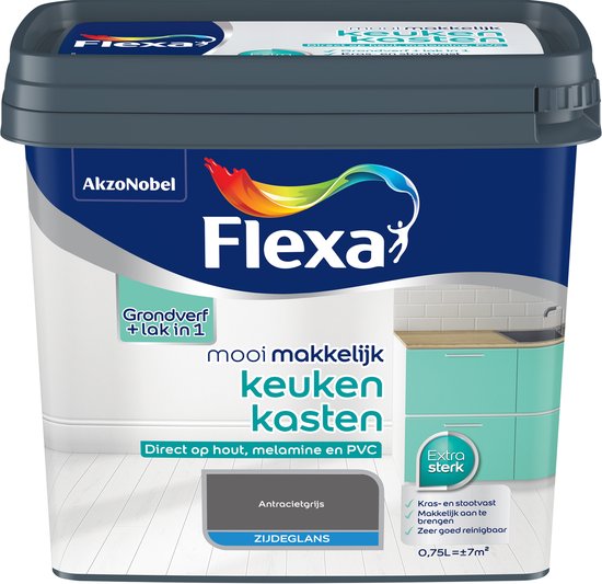 Flexa Mooi Makkelijk Keukenkasten verf in Antracietgrijs, zijdeglans. Pot met Flexa logo en illustratie van keukenkastjes.