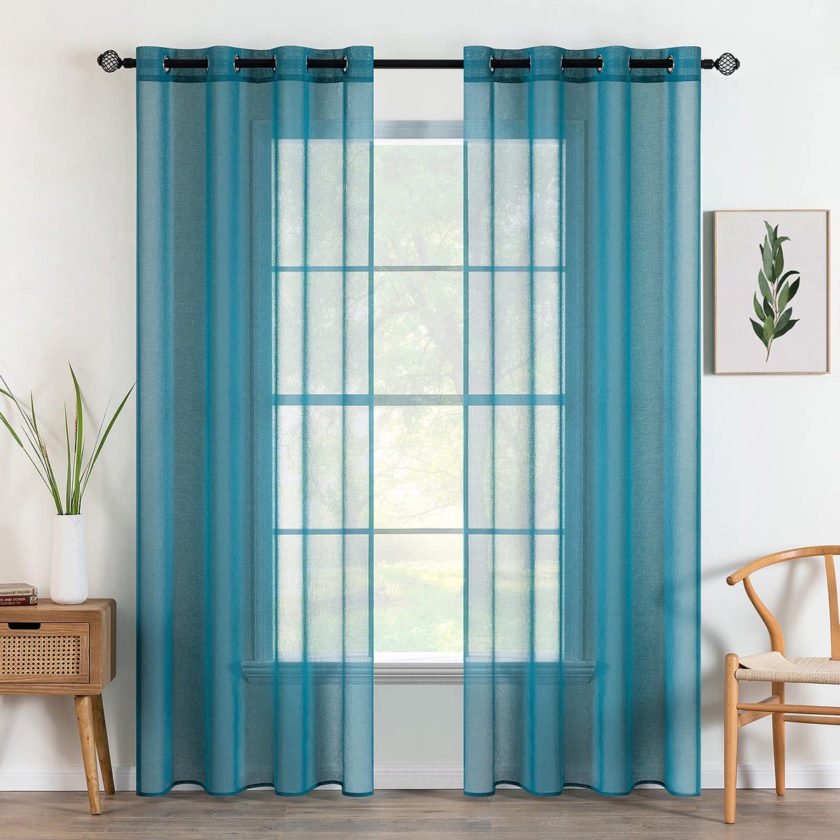 Ibenzoa Stijlvolle Transparante Gordijnen met Oogjes voor Diverse Kamers, Set van 2, 140 x 145 cm, Blauw groen