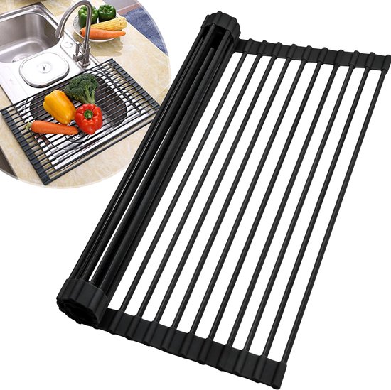 Égouttoir à vaisselle enroulable Kitch&Life 52 x 43 cm - Dessous de plat résistant à la chaleur - Tapis d'égouttage - Dessous de plat - Tapis d'évier - Zwart