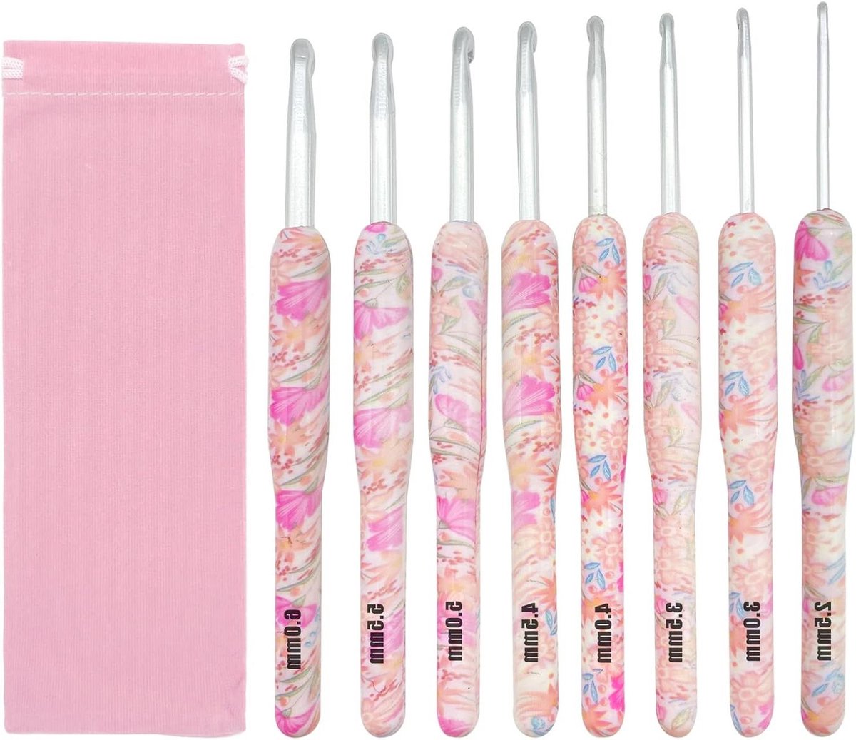 Crochet Haak Set 8 Stuks voor Beginners - Ergonomische Kunststof Handgreep Haaknaalden - Aluminium Haaknaalden Set voor Volwassenen met Tas (Roze)
