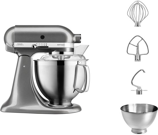 KitchenAid keukenmachine - Artisan - Keukenrobot met 5 accessoires uit roestvrij staal en schenkschild - 300 W - 4,8 L - Tingrijs van KitchenAid — afbeelding 2