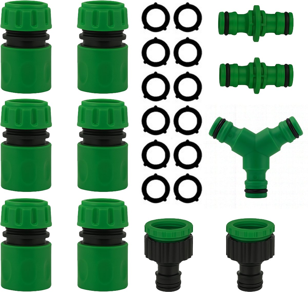 Tuinslang Koppelingen / Opzetstukken Set - Groen/Zwart - Snelkoppeling, Snelkoppelnippel, Tuinslangkoppeling, Waterslangkoppeling en Verbindingsstuk - Koppelstuk Bundel met O-ring voor Gazon Irrigatie - Slang Adapter