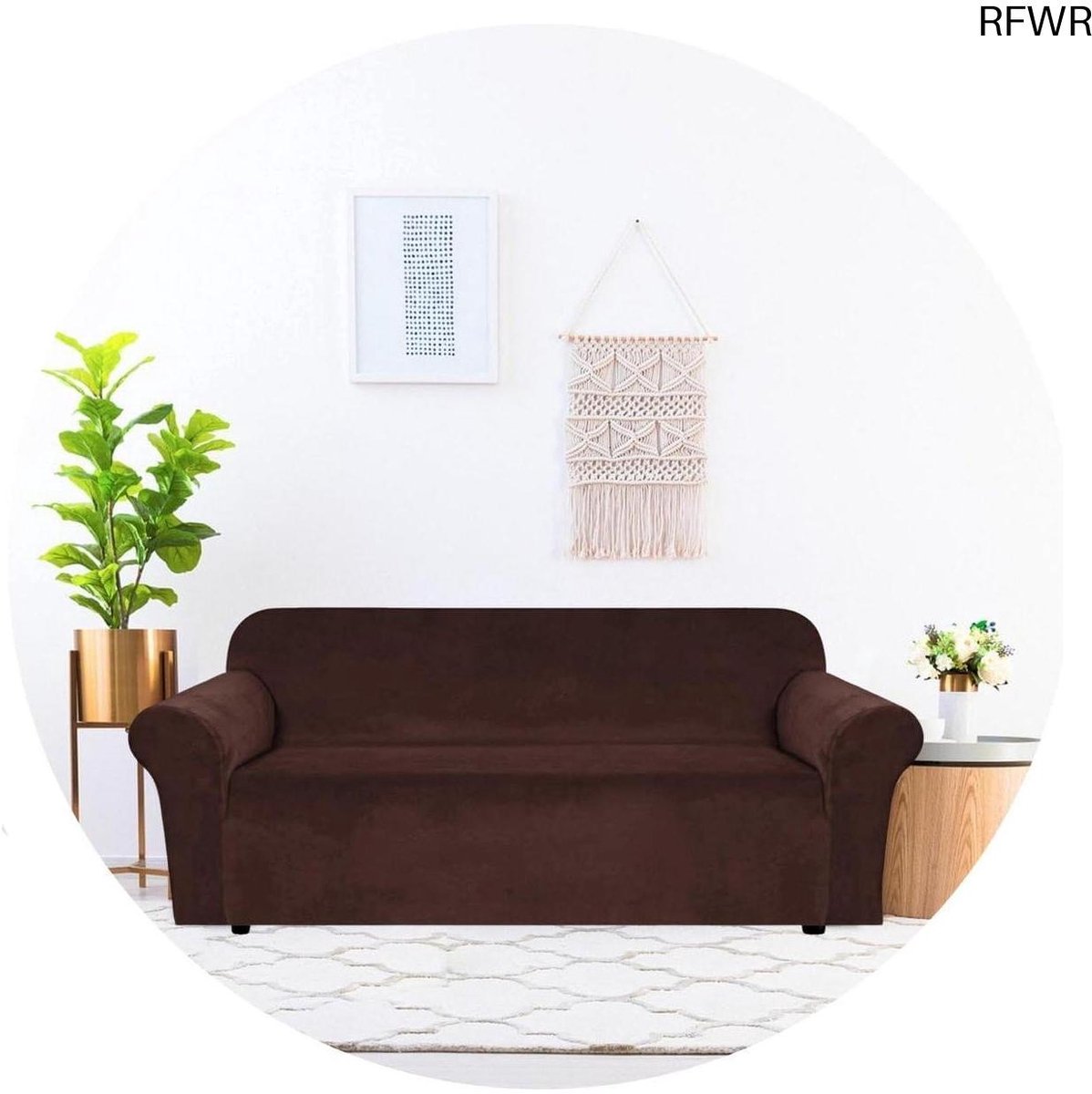 RFWR Stijlvolle Bankhoes voor 3-zitsbanken (185-230 cm) - Stretch, Velvet, Bescherming tegen Vlekken en Schade Bruin