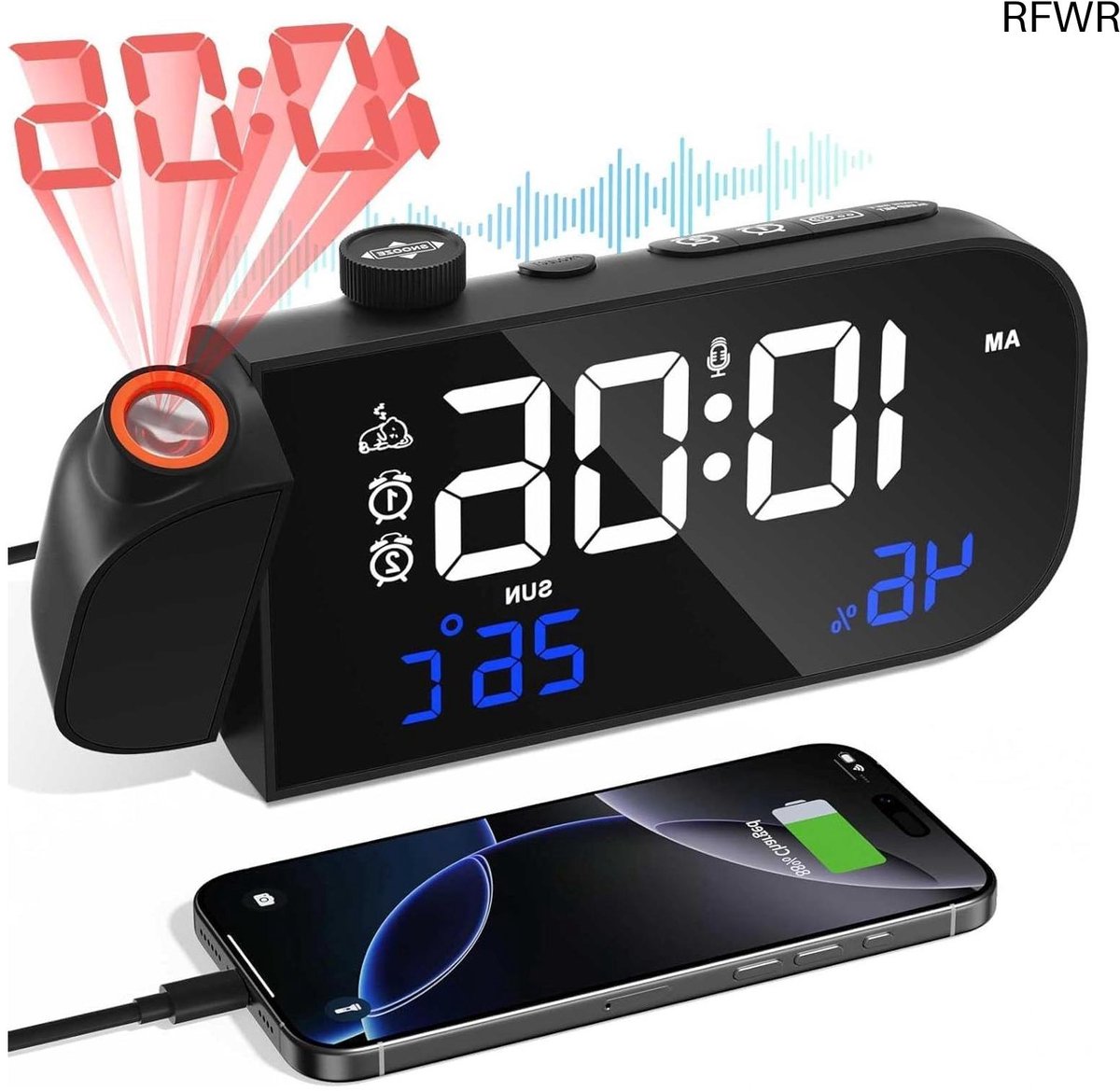 RFWR® Digitale projectiewekker met temperatuur, luchtvochtigheid en FM-radio - Spraakgestuurd en dimbare wekker voor slaapkamer