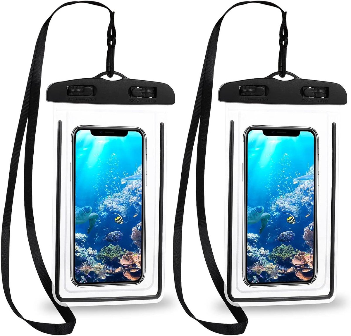 Waterdichte hoes set - Telefoonhoesje voor watersporten - Droogzak voor mobiele telefoon - Buitenactiviteiten - Zwarte beschermhoes voor telefoon - Waterbestendige hoes voor wandelen, kajakken, vissen - 2 stuks