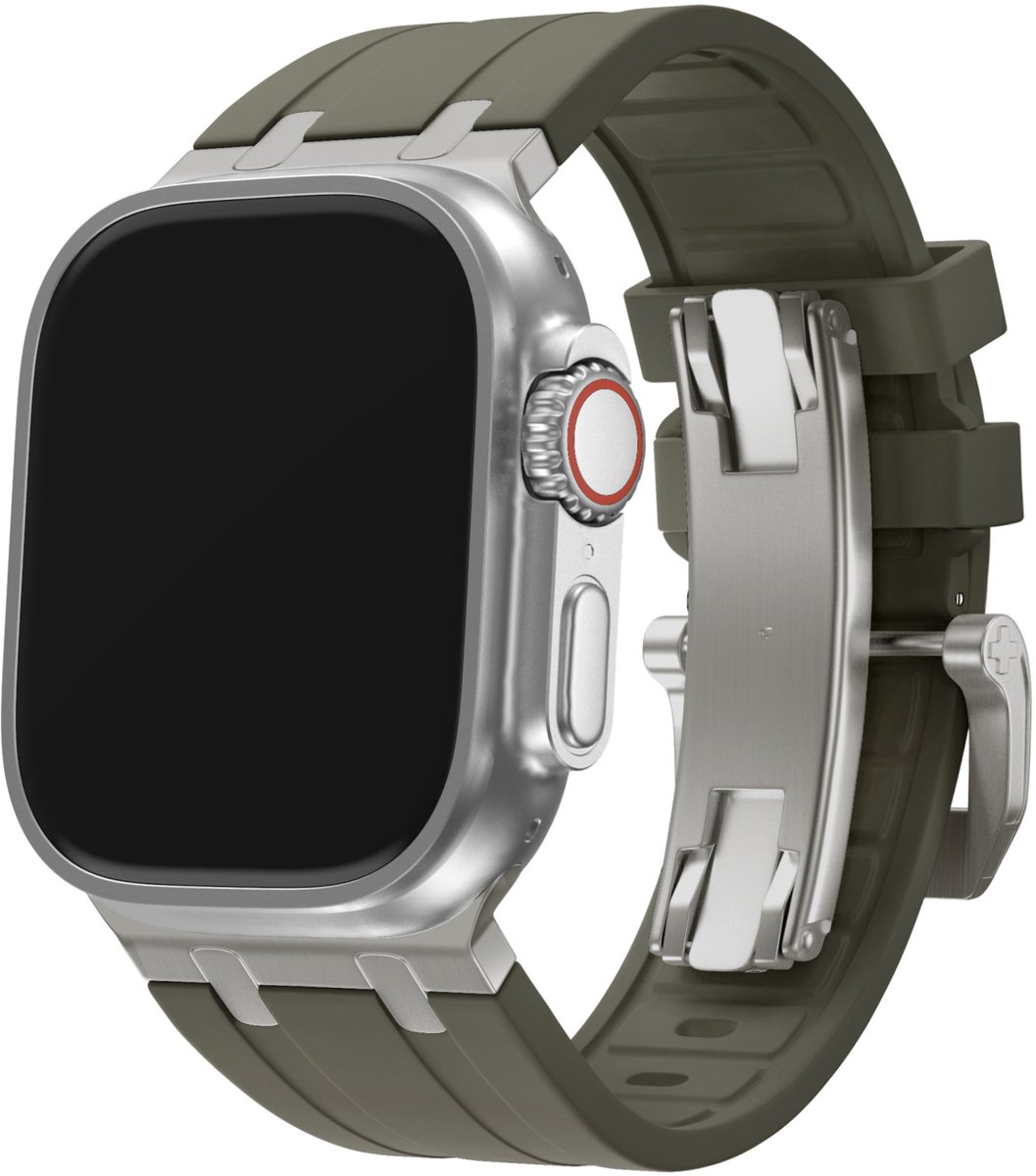 BALR. liquid siliconen band geschikt voor Apple Watch 1/2/3/4/5/6/8/9/10/11/SE(2-3)/Ultra(2-3) in de maat: 44mm / 45mm / 46mm / 49mm - Rubberen bandje met stalen aansluiting (bruin/titanium)