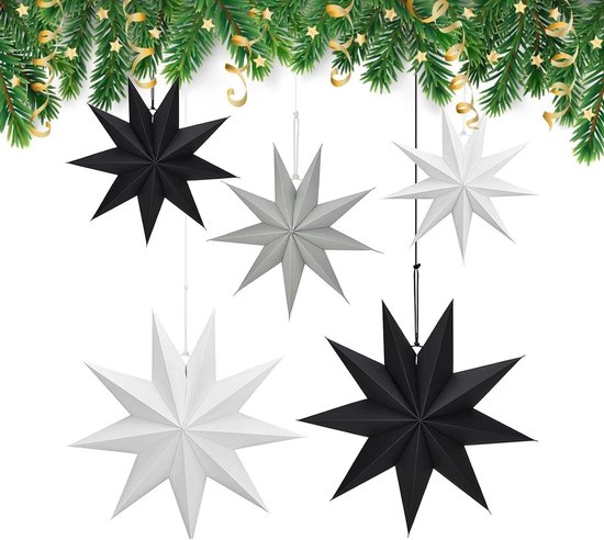 Allecto Plus - Kerststerren Pakket van 5 Hangende Papieren Sterren Diameter 30 cm en 40 cm