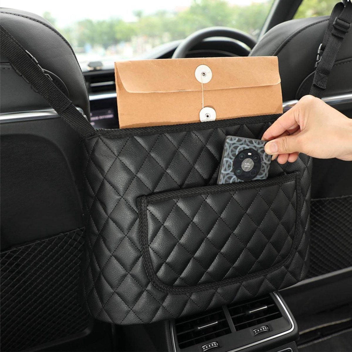 Allecto Plus - Handtas Auto Organiser Leer - Grote Capaciteit - Zwarte Tas - Opbergnet - Voorstoel - Verschillende Voorwerpen - Auto Accessoire