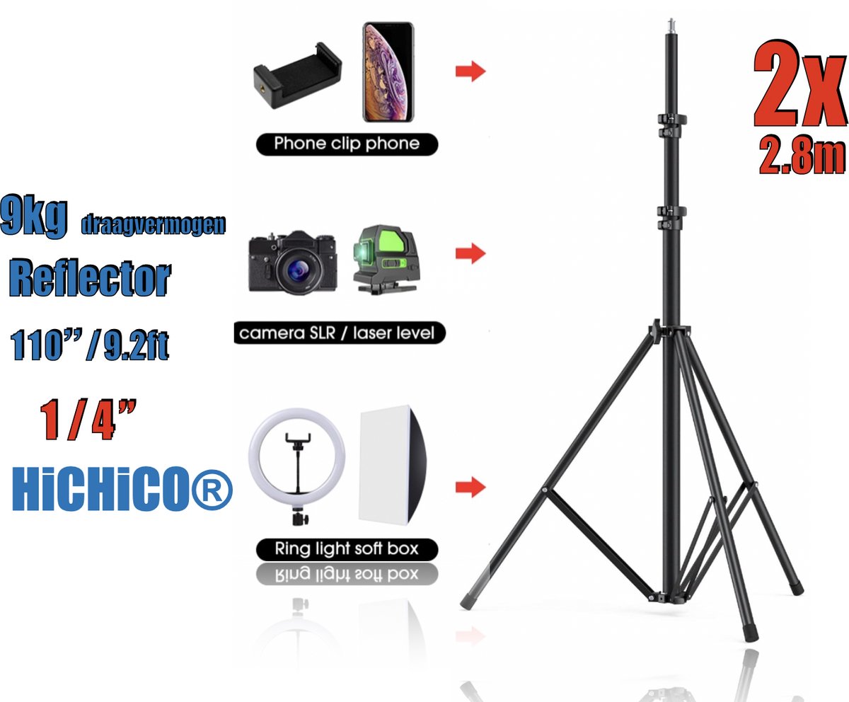 HiCHiCO® 290F Heavy Duty Light Stand 280cm (9.2') Reflector 110"/9.2ft/2.8, 1/4" Schroef/Max Belasting 9kg 1Set