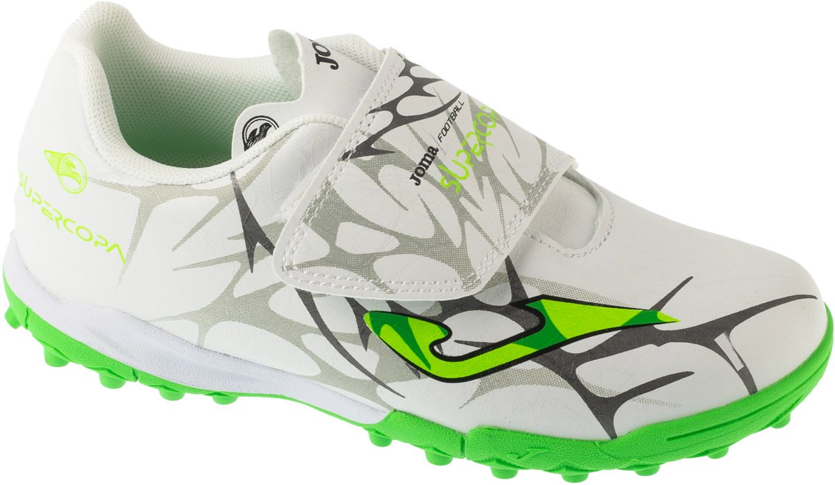 Witte Joma Super Copa Jr 25 SCJW TF voetbalschoenen voor jongens, maat 28, met groene en grijze details.