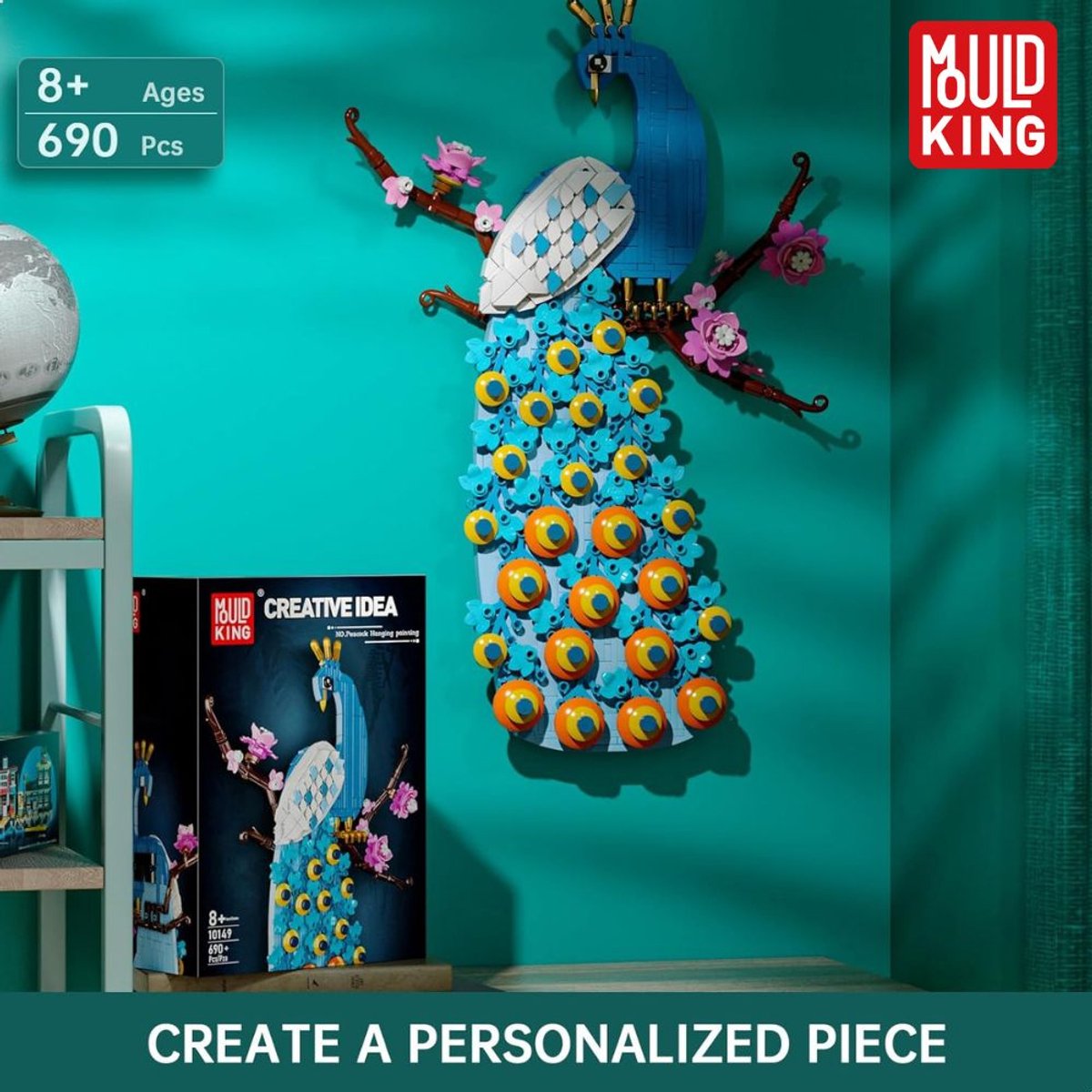 Mould King Pauw met bloemen Wall Art bouwset | Botanical flowers collection | Classic Creator STEM speelgoed bloemenpracht modelbouw | Educatief Icons kunst bloemenboeket bouwpakketten voor volwassenen & kinderen | Geschikt voor Lego | 690 bouwstenen — afbeelding 2