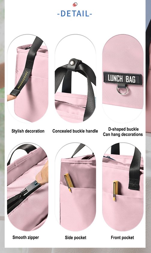 Gedetailleerde close-ups van de roze lunchtas, met o.a. een rits, zijvakken en een D-vormige gesp.