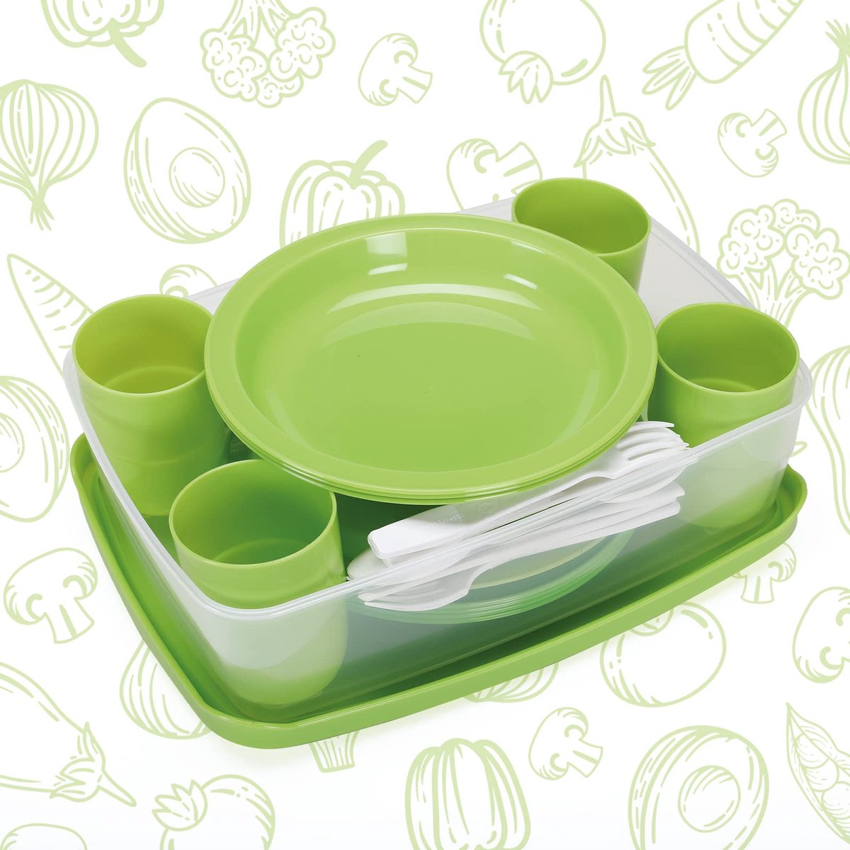 Ibenzoa® Complete 25-delige herbruikbare picknickset voor 4 personen, ideaal voor camping en feestjes