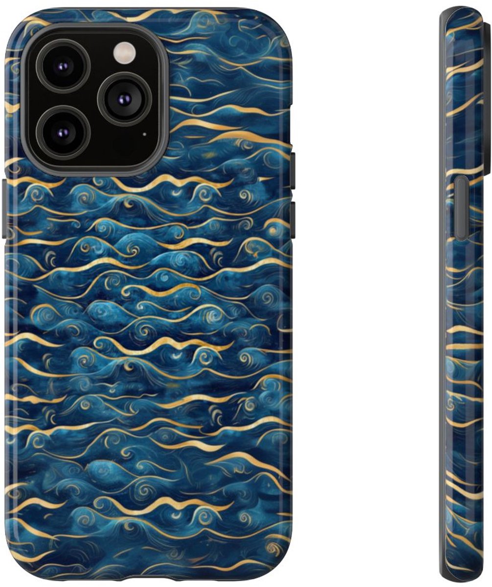 Blauw-Gouden Golfpatroon – Glanzend Stevig Telefoonhoesje Geschikt voor iPhone 14 Pro Max