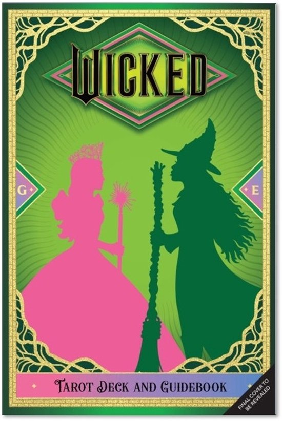 Cover van het Wicked Tarot Deck en Guidebook met silhouetten van de Goede Heks en de Heks in het groen en roze.