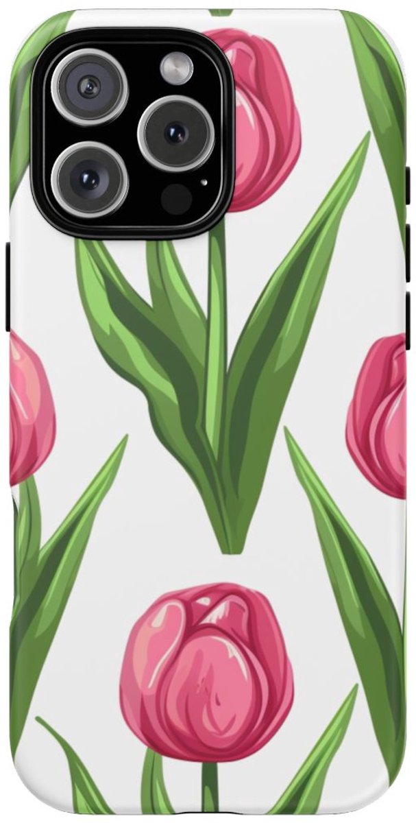 Roze Tulp Bloemenpatroon – Telefoonhoesje Geschikt voor iPhone 16 Pro Max