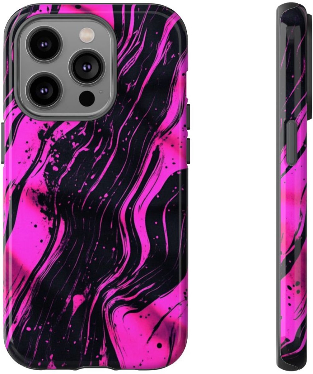 Neonroze en Zwart Abstract Patroon – Telefoonhoesje Geschikt voor iPhone 14 Pro
