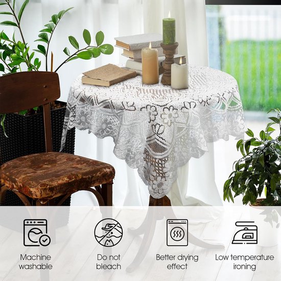 AOZUO Square Lace Tablecloth 90x90cm French Decorative Lace Tablecloth Floral Pattern Small Table Cloth Tablecloth for Dining Kitchen Camping White(A) van Merkloos	 — afbeelding 5