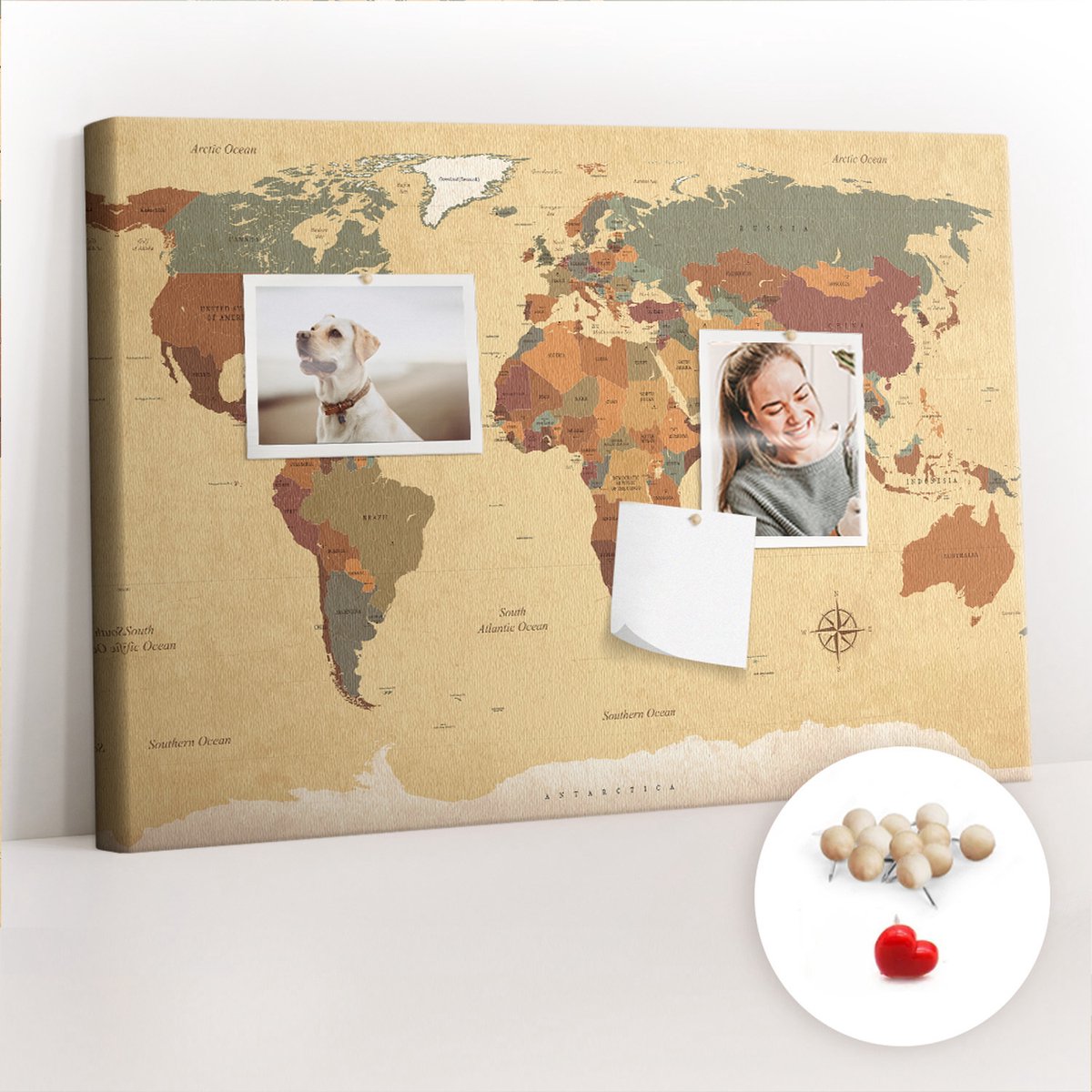 Tulup Prikbord - Vintage wereldkaart Kurk Bedrukken - 60 cm x 40 cm - Veelkleurig Prikbord - Houten Pinnen - Prikbord Van Kurk - Prikbord Kinderkamer - Kurk Prikbord - Esthetisch Prikbord - Kurkbord Met Print